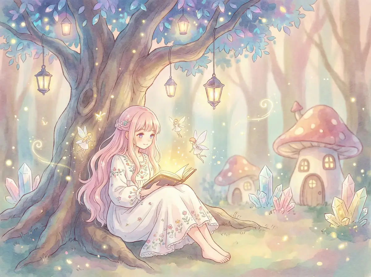 今夜天使降临全集 - 魔法森林中阅读故事书的粉发少女与精灵